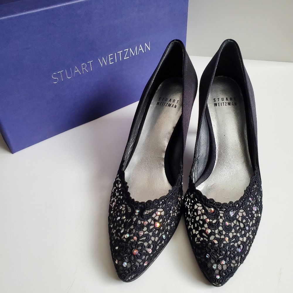 Stuart Weitzman Satin Embellished Lace Heel